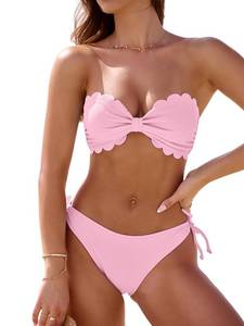 lot 14347 image: Rajputana Womens Wavy Edge Bandeau Bikini Strapless Tie Back Side String Bathing Suits Two Piece Swimsuit Pink