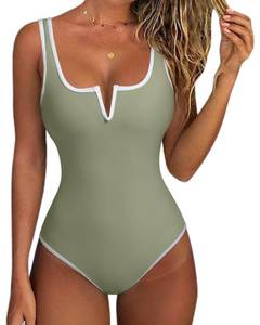 lot 14352 image: SUUKSESS Women Sexy Tummy Control One Piece Swimsuits Color Block High Cut V Wired Bathing Suits Backless Swimwear 2026(Army Green,Small)