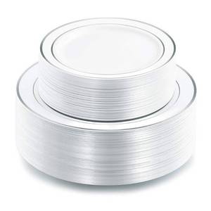 lot 19009 image: I00000 102pcs Silver Plastic Plates, Disposable Plastic Party Plates with White Silver Rim Fancy Wedding Party Plates Include 51 Dinner Plates 10.25 and 51 Dessert Appetizer Plates 7.5