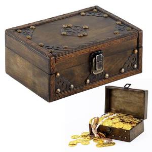 lot 19013 image: Threehoney Wooden Treasure Chest 7 x 5 x 3 Vintage Pirate Chest Keepsake Box with Hinged Lid for Jewelry Storage Coins Trinkets Rustic Decorative Box for Table Home Decor