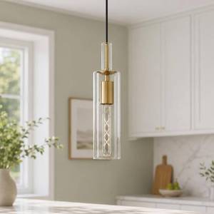 lot 19020 image: AUTELO 1-Light Pendant Lights Kitchen Island - Gold Pendant Light Fixtures, Vintage Hanging Lamp in Metal Finish with Clear Linear Glass, Kitchen Pendant Lighting over Island for Dining Room, H3875 BG