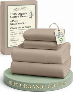 lot 19969 image: LANE LINEN 100% Organic Cotton Sheets Set, Long- Staple Percale Weave Ultra Soft Best- Bedding Sheets for Bed, GOTS Certified, Fits Mattress Upto 15inch Deep Pocket (King, Taupe)