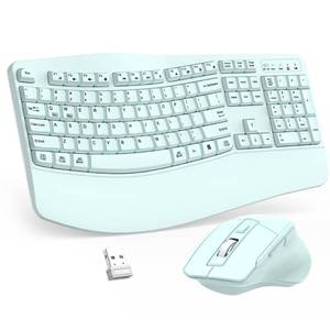 lot 19971 image: Wireless Keyboard and Mouse Combo, 2.4G Full Size Wave Keys Ergonomic Keyboard with Wrist Rest and 3-Level DPI Adjustable Wireless Ergonomic Mouse for Windows, Mac OS DesktopLaptopPC(Mint Green)