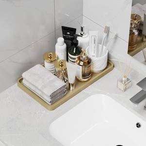 lot 20126 image: Weenson Gold Bathroom Vanity Tray for Countertop Decor Perfume Makeup Toiletries Toilet Tank, Large Bamboo Kitchen Tray for Spice Salt, Serving Tray for Food Coffee, Nightstand Candle 14.2x8.3