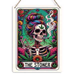 lot 20136 image: Funny Tarot Card Wall Art Decor Rustic Weed Hanging Sign, Sarcastic Skeleton Skull Witch Stuff Wiccan Witchcraft Supplies, Farmhouse Wall Hanging Decor, Decorative Wooden Sign for Home Office Bedroom (Cosmetic Damage Upper Right Corner)