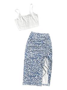 lot 20148 image: Floerns Womens 2 Piece Outfit Cropped Cami Top Floral Slit Side Drawstring Skirt Set Blue and White Large