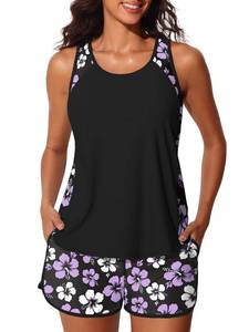 lot 20149 image: Summer Mae Blouson Tankini Swimsuits for Women 2026 Tummy Control Two Piece Bathing Suits with Sporty Pockets Swim Shorts Light Purple Floral Size 10