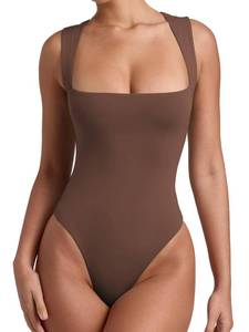 lot 20150 image: REORIA Womens Summer Sexy Sleeveless Square Neck Double Lined Going Out Cute Thong Bodysuit Tank Tops Coffee Small