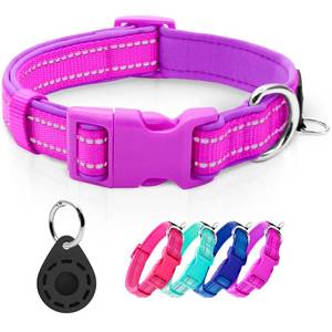 lot 20154 image: azuza Reflective Dog Collar with Airtag Holder, Soft Neoprene Padded Pet Collar with ID Tag Ring, Adjustable for Small Dogs,Purple,S