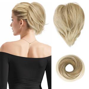 lot 20155 image: BARSDAR Straight Hair Bun Extensions - Synthetic Fully Short Ponytail Hair Bun Extensions for Women, Elastic Messy Scrunchies Hairpieces Daily Party - Mixed Blonde & Bleach Blonde Tips