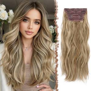 lot 20156 image: FESHFEN Clip in Hair Extensions for Women - 4 Pcs Thick Double Weft Long Wavy Soft Synthetic Blends Well Hair Extension, 20 inch Light Brown & Mixed Blonde