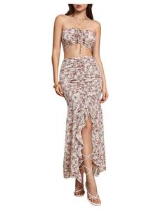 lot 20157 image: Floerns Womens 2 Piece Outfit Floral Drawstring Cropped Tube Split Maxi Skirt Set White Multi Large