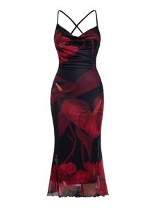 lot 20166 image: SOLY HUX Womens Floral Mesh Bodycon Cami Dress Cowl Neck Sleeveless Cocktail Party Wedding Guest Long Maxi Dresses Red Floral Print Large