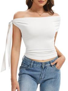 lot 20167 image: Womens Off The Shoulder Going Out Asymmetrical Tops Y2K Slim Fit Cute Crop One Tie Shoulder Ruched Tank Top White (Small)