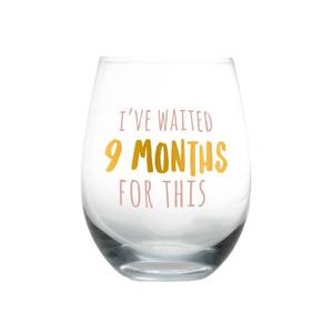 lot 20218 image: Pearhead I��ve Waited 9 Months Stemless Wine Glass, Gift for New Mom, Funny Pregnancy Gift, 16 oz