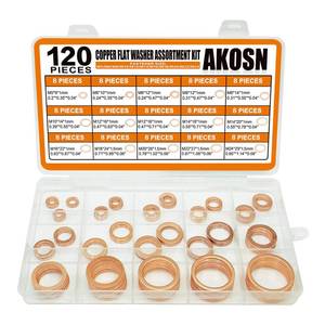 lot 20239 image: Copper Washers Assortment Kit, Crush Flat Washers for Oil Plugs, Drain Plugs, Banjo Bolts, Copper Sealing Washer Set with 15 Metric Sizes - 120 Pieces- M5, M6, M8, M10, M12, M14, M18, M20, M22, M24