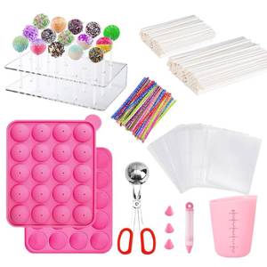lot 1445 image: 606Pcs Cake Pop Kit,Silicone Lollipop Molds Including Lollipop Sticks,Measuring Cup,Treat Bags,Twist Ties,Decorating Pen,Meat Baller with Handles,Round Mold,Lollipop, Candy,Display Stand Holder(Pink)