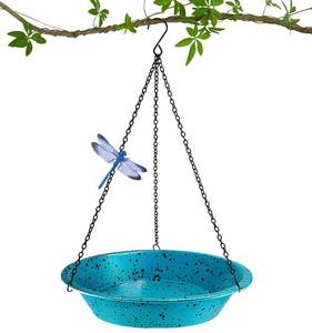 lot 1465 image: Hanging Birdbath Bird Feeder for Outdoor 11.4 inch Metal Bird Bath Bowl with Detachable Black Chain Hook Metal Dragonfly Birdbath for Garden Yard Patio Decor, Gift for Bird Lovers (Lake Blue)