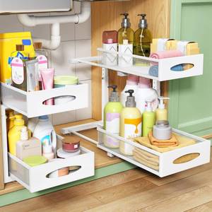 lot 1469 image: Under Sink Organizer, 2 Tier Pull out Cabinet Organizer Baskets with Mesh Sliding Drawers, Slide out Storage Shelf for Home, Kitchen, Bathroom, Pantry, Office Cabinet(1 Pack, White)