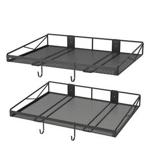 lot 1472 image: 2 Pack Garage Wall Shelf, Garage Wall Mounted Shelving, Heavy Duty Floating Shelves With 4 Hooks, Loads 90 LBS Black Wall Shelves Mesh Storage Rack for Office, Basement, Wall Cabinet and Kitchen