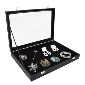 lot 1478 image: HAISENGO Large Pin Display Case Enamel Pin Collection Holder 14 X 9.5 Jewelry Display Case with Transparent Lid Jewelry Box Organizer for Pins, Ring, Earring Black Jewelry Tray Organizer