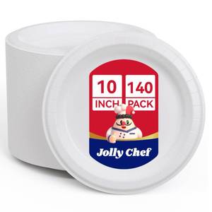 lot 1487 image: JOLLY CHEF10 inch 140 Pack Disposable Paper Plates,Soak Proof, Cut Proof, Microwave Safe Heavy Duty Paper Plates Everyday Use