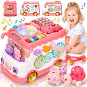 lot 1488 image: AmiDear Baby Gift for 1-2 Year Old Girl, 10-in-1 Montessori Toys Bus for Baby 6-12-18 Months, Educational Musical Sensory Learning Toddler Toys Age 1-2, First Christmas and Birthday Gifts Pink