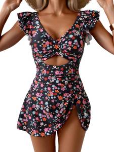 lot 2292 image: Aidonger One Piece Swimdress Swimsuit for Women Tummy Control Ruffle Swim Dress Skirt V Neck Cutout Wrap Bathing Suit L