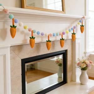 lot 2293 image: Easter Garland for Spring Party Decorations, 2 Pack 6.5FT Pastel Pom Poms Garlands with Handmade Felt Carrots Hanging for for Mantle Fireplace Wall Tree Indoor Garden Outdoor Easter Banner Decor