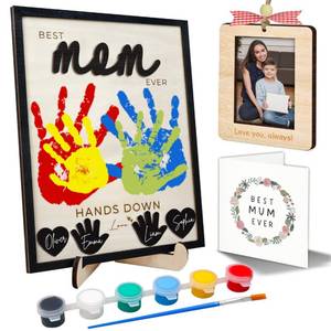 lot 2341 image: 10 Hands Down Best Mom Ever Sign DIY Kids Gifts For Mom Handprint Kit with Acrylic Paints, Toddler Craft Birthday Gift Mothers Day Keepsake for Mum, Family Plaque with Daughter, Son Names HF90-M