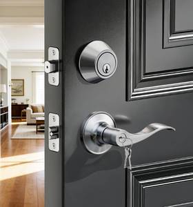 lot 2373 image: Veise Keyed Alike Front Door Lever, Exterior Door Lever & Single Cylinder Deadbolt Combination Set, Wave Style Entry Door Knob, Heavy-Duty Reversible LeftRight Handle for Bedroom Doors, Satin Nickel