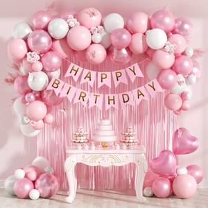 lot 2382 image: Pink Birthday Decorations with Pearl White Light Pearl Metallic Pink Foil Balloons Fringe Curtain Banner for Happy Birthday Decorations for Women