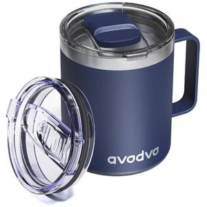 lot 2388 image: avodvo 12oz Insulated Coffee Mug with Lid �� Includes Two Lids, Stainless Steel Coffee Travel Mug with Handle, Double Wall Vacuum Insulated Camping Mug for Home, Office & Outdoor, Navy Blue