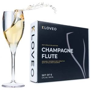 lot 3766 image: KLOVEO Plastic Champagne Flutes - Set of 6 - Made in Italy - Insanely Durable and Versatile Plastic Champagne Glasses - Reusable, Dishwasher Safe, Mimosa Glasses, White Wine - 5 oz, Clear