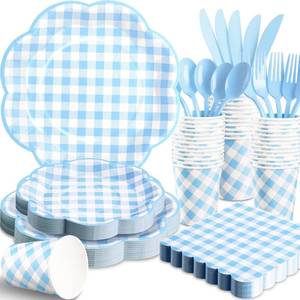 lot 3777 image: 175 Pcs Blue Gingham Plates and Napkins Party Supplies - Blue and White Checkered Plates Sets Serve 25 Guests - Scalloped Gingham Paper Plate for Birthday Dinner Wedding Baby Shower Party Decorations