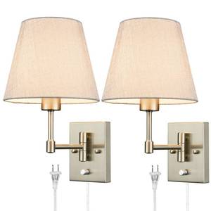 lot 3783 image: SAMTEEN Swing Arm Wall Sconces Set of Two Plug in Wall Lamp with Grey Fabric Shade and On Off Switch Wall Light for Bedside Living Room Hallway, Brushed Nickel Finish