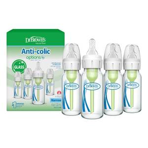 lot 4184 image: Dr. Browns Anti-Colic Options Narrow glass Baby Bottle with Level 1 Slow Flow Nipple, BPA-Free, 4 oz120mL, 4-Pack