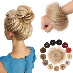 lot 4272 image: KISANOF Human Hair Bun Pieces Light Golden Brown Highlighted Bleach Blonde Elastic Rubber Band Ponytail Extensions(1 Count #P12-613 Light Golden Brown Highlighted Bleach Blonde