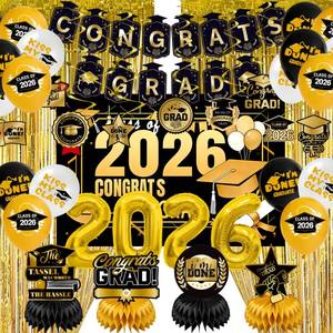 lot 4290 image: Graduation Party Decorations 2026��Black Gold Grad Banner, Class of Backdrop, Balloons, Fringe Curtains and Foil Balloon, Streamers Kit��Complete Graduation for High School & College Celebrations (Gold)