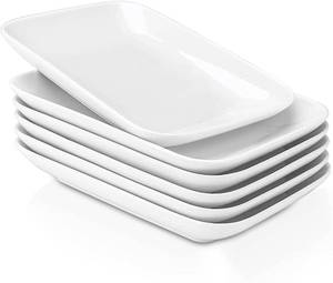 lot 4344 image: DELLING 8 Inch Rectangular Appetizer Plates Set of 6, Porcelain Salad Dessert Plates White, Small Serving Plates for Sushi Snack, Microwave Oven Dishwasher Safe, Stackable Ceramic Plates