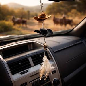 lot 4351 image: Western Car Accessories for Women-& Men Ranch Vibes Twin Hat Charm with Adjustable Length, Western Rear View Mirror Accessories, Sturdy Chain, Secure Clasp & Authentic Cowboy Style for Truck Interior