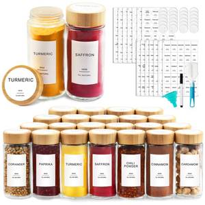 lot 5951 image: AISIPRIN Glass Spice Jars with 398 Labels-4oz 24 Pcs,Round Seasoning Jars with Bamboo Airtight Lids,Spice Container Set -Shaker Lids, Funnel,Brush and Marker Included