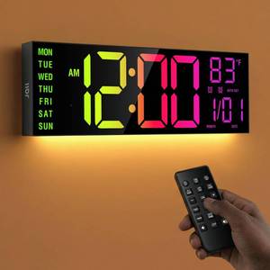 lot 5962 image: JALL 16.15 inch Large Digital Wall Clock, RGB Lights with Remote Control, Dual Alarms with Big LED Display, Auto DST, C°  F° Temperature for Classroom, Birthday Gift, Senior