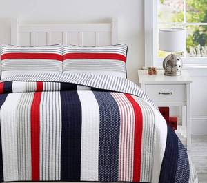 lot 5968 image: Liberty Patriotic Stripes Red Blue White Striped Patchwork Reversible Twin 2-Piece Cotton Quilt Bedding Set
