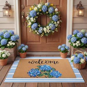 lot 5987 image: Tinideya 2 Pcs Hydrangea Door Mat Blue and White Stripe Welcome Non Slip Flower Coir Mats Floor Layering Floral Doormats Seasonal for Front Porch Entryway Decor(Blue Flower)