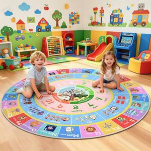 lot 5996 image: ABC Round Kids Rug for Playroom, 4x4 ft Alphabet Small Classroom Rug, Educational Kids Play Mat With Number Shape Season, Learning Area Rug for Nursery Bedroom Kidsroom, Colorful Non-Slip Washable