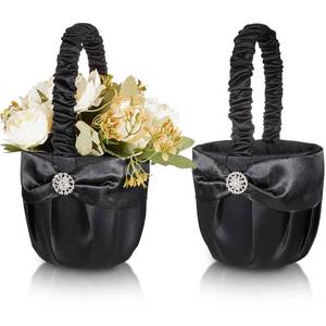 lot 6227 image: Suttmin 2 Pcs Wedding Flower Girl Basket, Satin Flower Basket for Wedding Ceremony Petals Confetti Banquet Home Decoration Gothic Dark Romance Western Party (Black,Snowflake)
