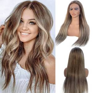 lot 6247 image: Ombre Blonde Lace Front Wigs Balayge Human Hair 24 Inch 13x4 HD Transparent for Women Pre Plucked with Baby Hair Glueless 150% Density Chestnut Brown with Ash Blonde Highlight Virgin Hair Wig