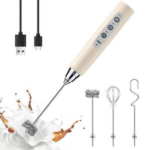 lot 6265 image: YUSWKO Beige Handheld Milk Frother Wand for Coffee, Rechargeable Electric Whisk with 3 Heads 3 Speeds Drink Mixer Coffee Frother For Latte, Cappuccino, Hot Chocolate, Egg