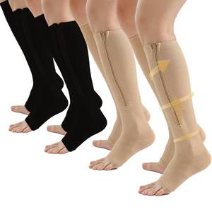 lot 6283 image: 4 Pairs Zipper Compression Socks Women & Men, 15-20 Mmhg Compression Socks with Zipper, Medical Compression Socks with Zipper, Toeless Lining for Varicose Veins, Edema, Recover (BlackBeige Open Toe, XX-Large)